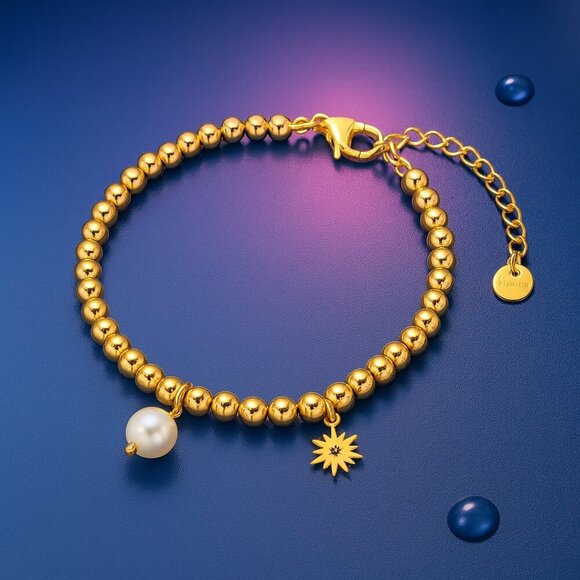 ๐๏ธ18K Gold Plated Stainless Steel Beaded Bracelet with Sun & Pearl Charms โจ - Picture 7 of 11